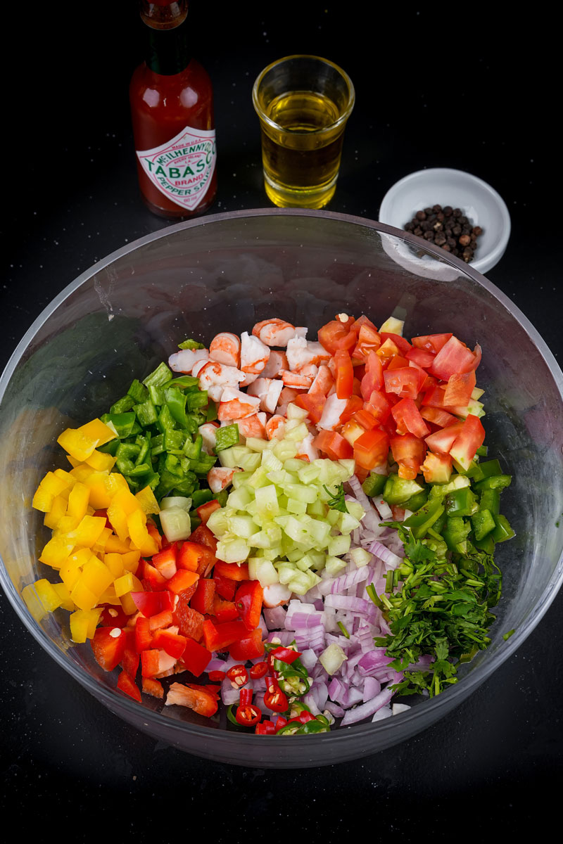 Fresh chopped vegetables and shrimp for Mexican ceviche preparation