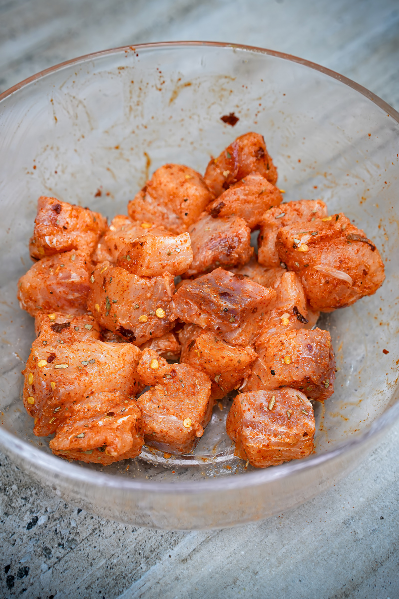 Marinated fish cubes ready for Fish Popcorn.