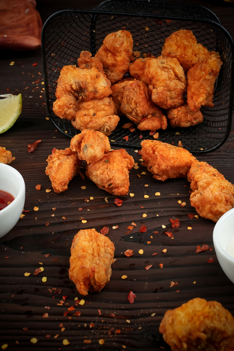 Golden-brown crispy Fish Popcorn served in a basket.