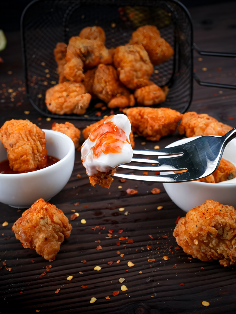 Crispy Fish Popcorn on a fork with dipping sauces.