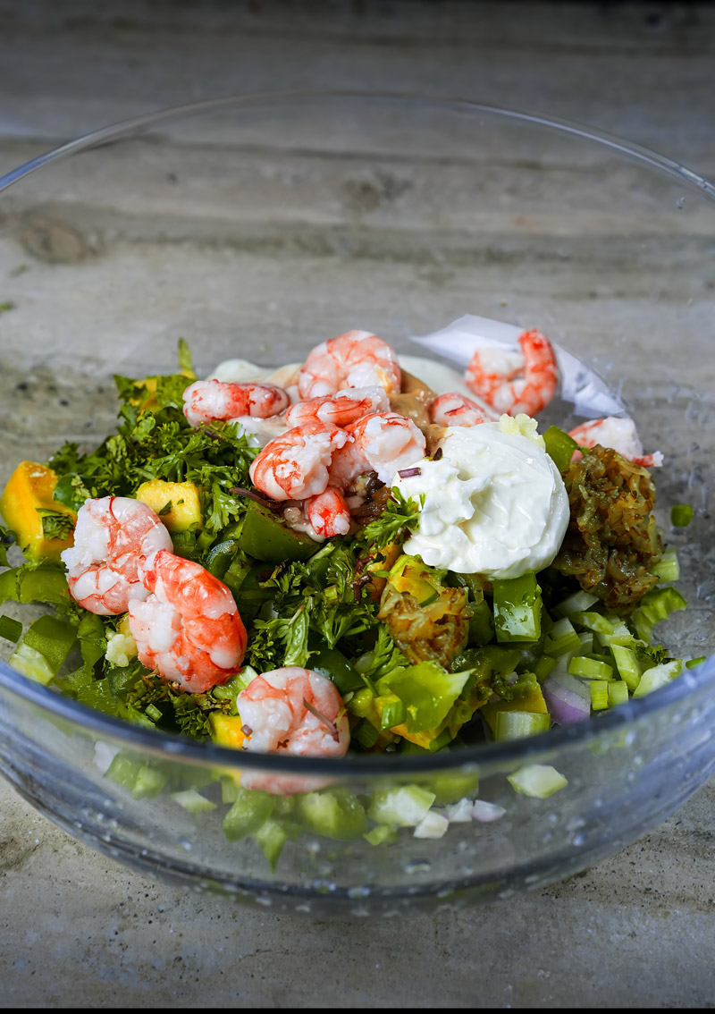 Shrimp Avocado Salad Ingredients in Bowl