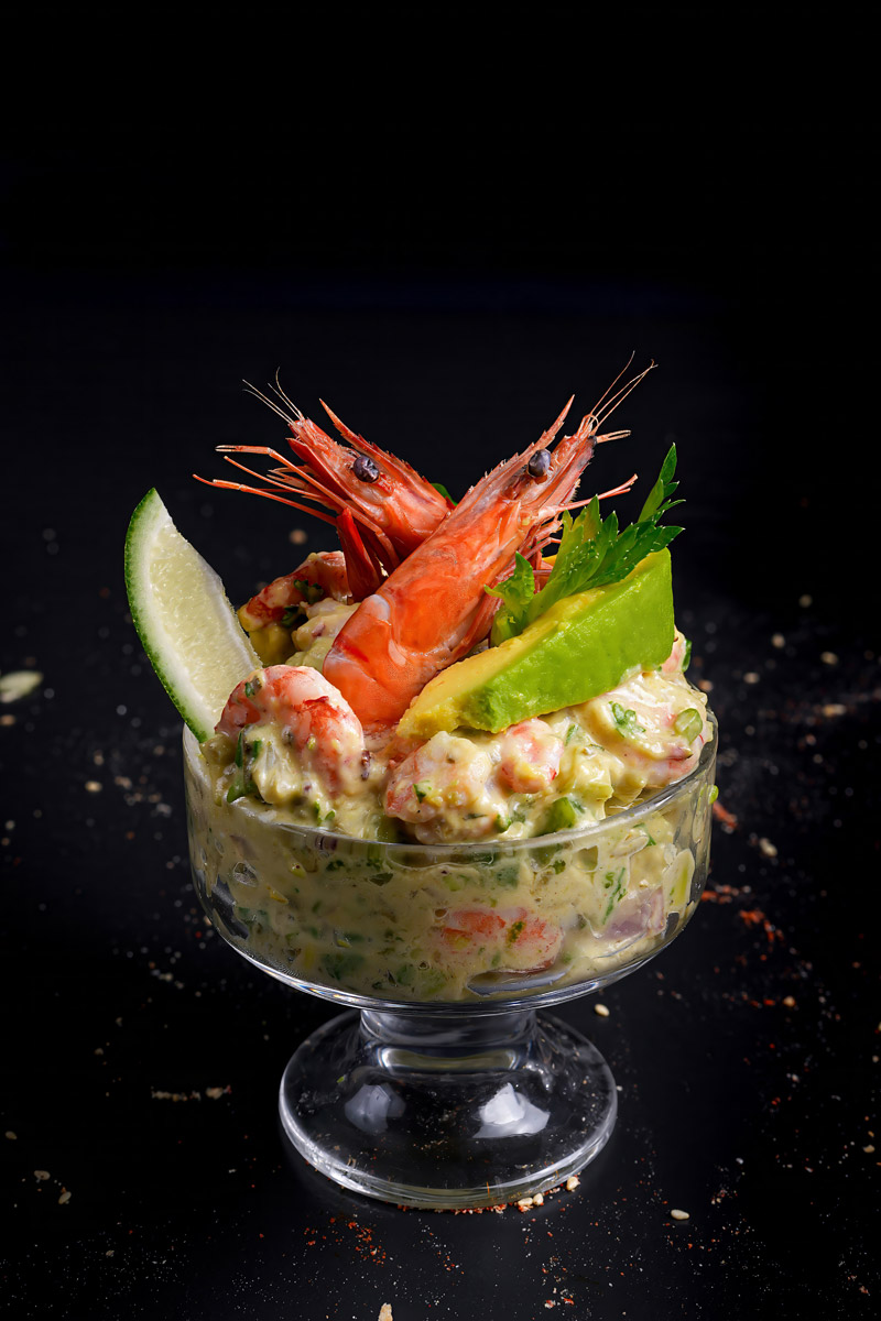 Shrimp Avocado Salad on Dark Background