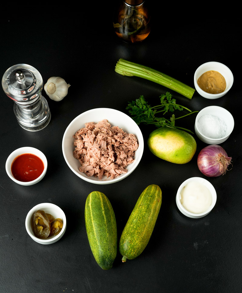 Ingredients for low carb tuna cucumber boats including tuna, cucumbers, and seasonings