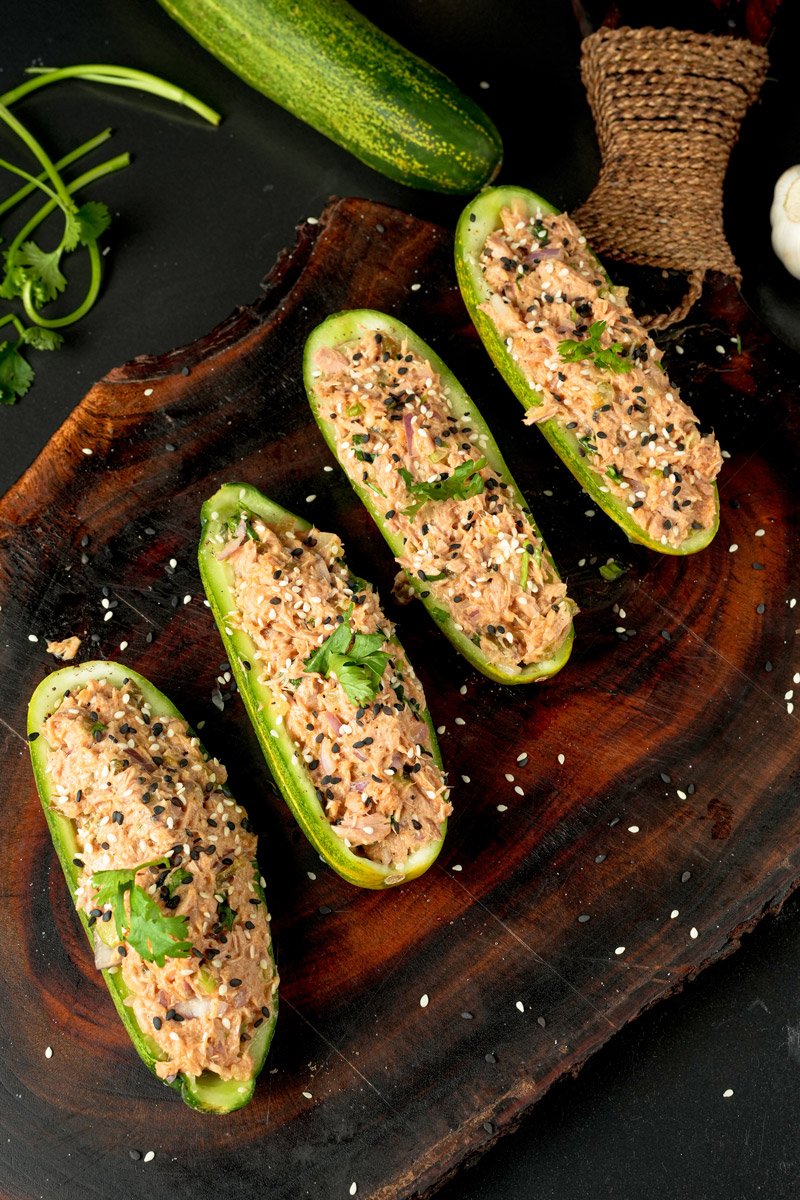 Asian-inspired tuna cucumber boats with fresh herbs and sesame