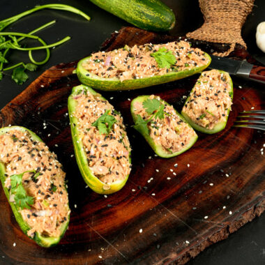 Low carb tuna cucumber boats with fresh cilantro garnish
