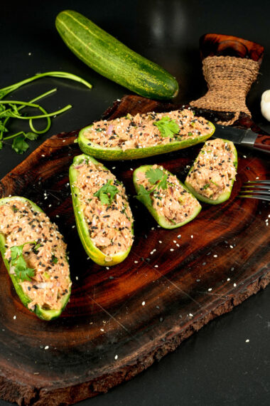 Low carb tuna cucumber boats with fresh cilantro garnish