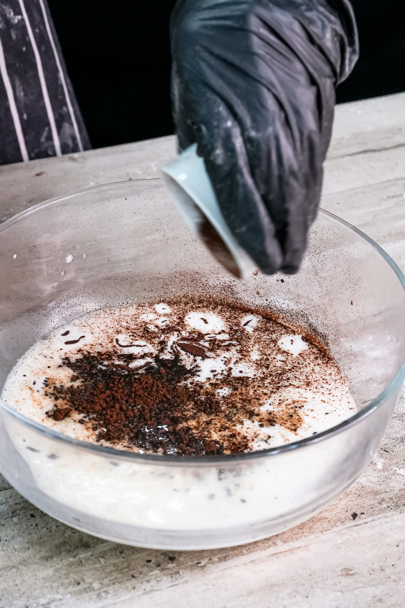 Adding cocoa powder to Nutella pancake mixture