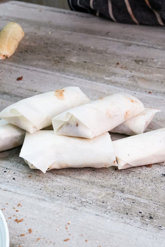 Assembled banana lumpia ready for frying