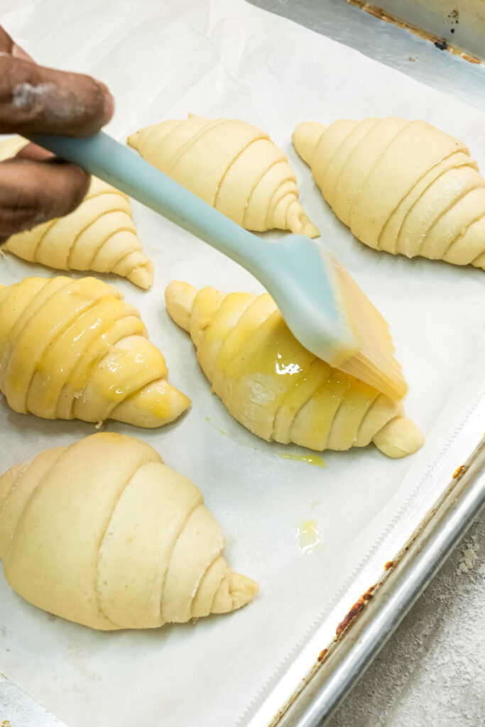 Brushing croissants with egg wash before baking