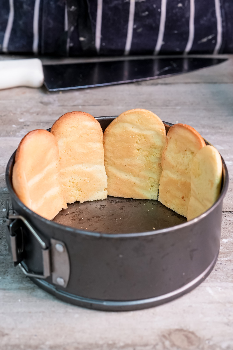 Charlotte cake cross-section showing ladyfinger structure and cream filling