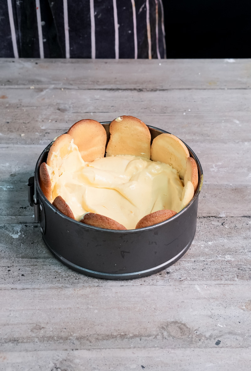 Charlotte cake filled with custard cream in springform pan