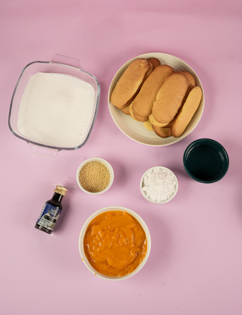 Charlotte cake ingredients: milk, ladyfingers, gelatin, sugar, vanilla, marmalade