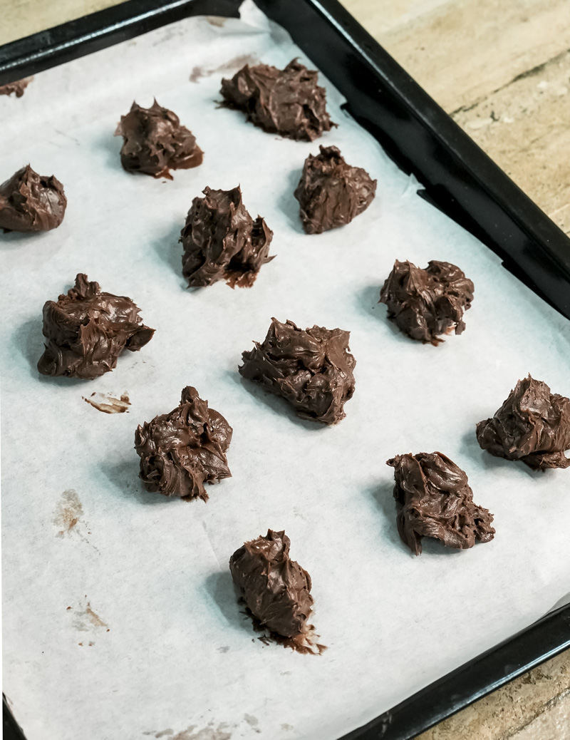 Chocolate muffin batter scoops on baking sheet"