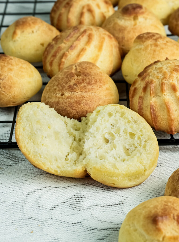 Choux pastry cut in half showing light airy crumb structure