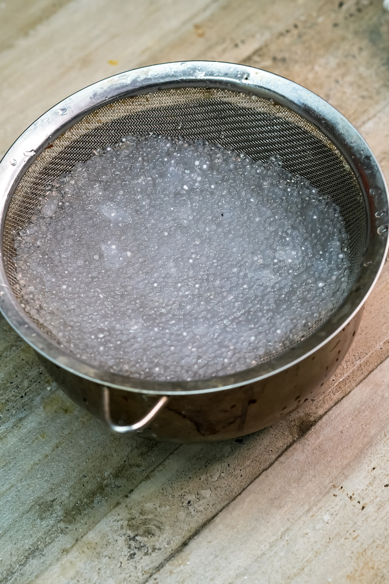Cooked sago pearls being drained in mesh strainer