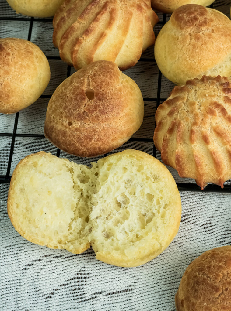 Cross-section of choux pastry revealing hollow center and texture