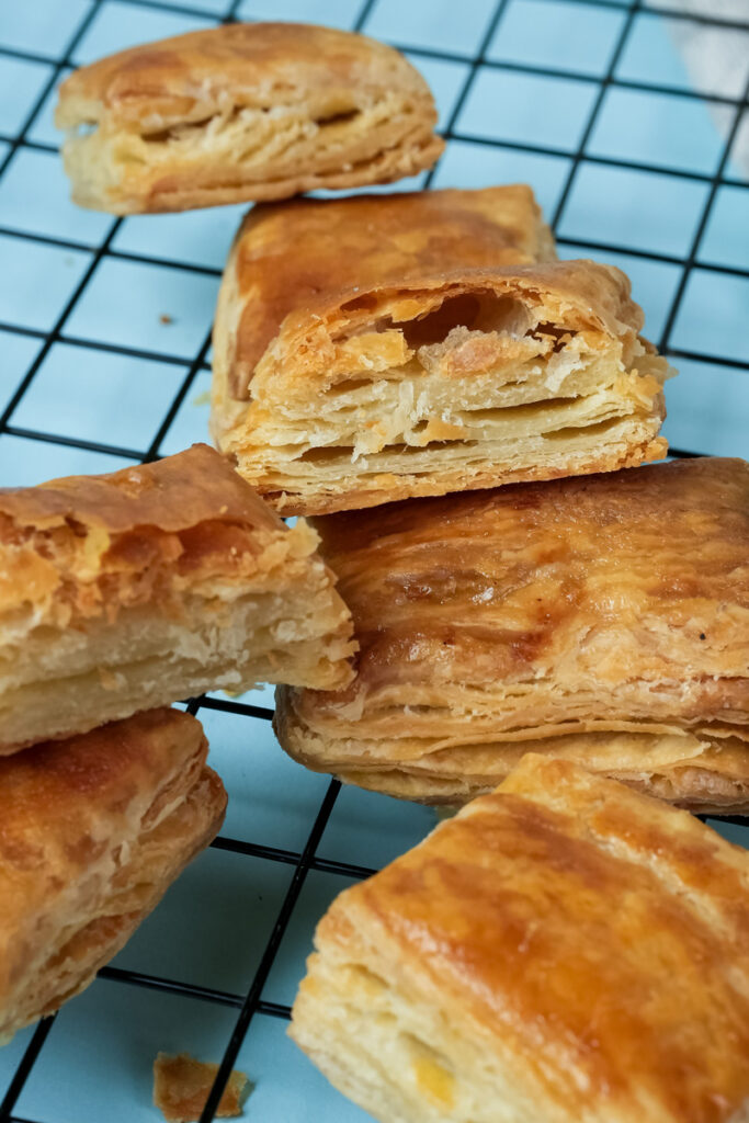 Cross-section of puff pastry showing buttery layers