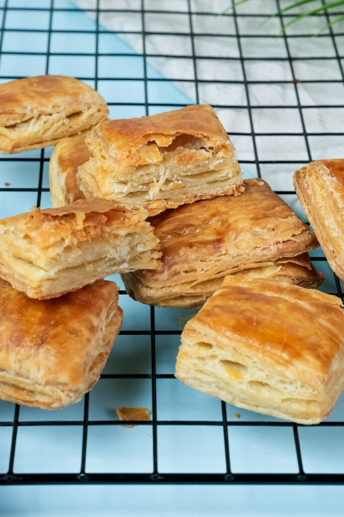 Cut puff pastry revealing flaky interior layers