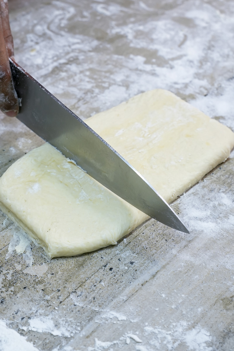 Cutting Danish pastry dough into rectangles