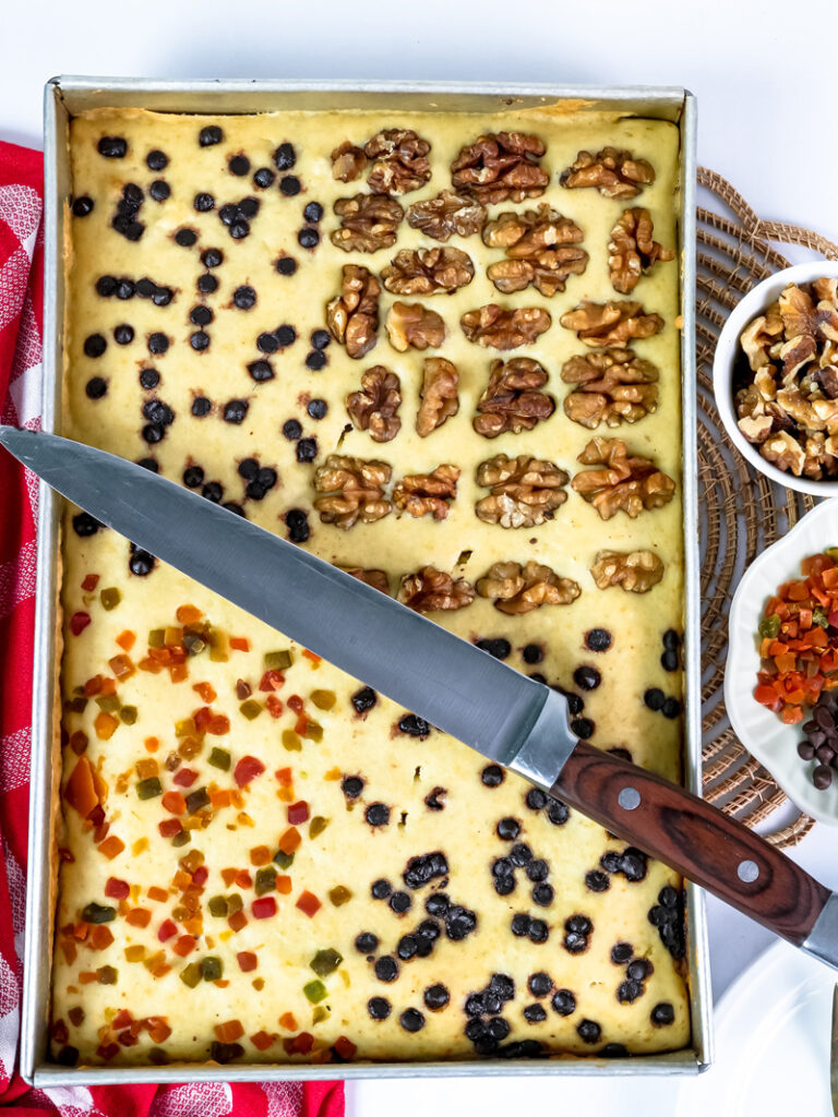 Cutting baked sheet pan pancakes into serving squares