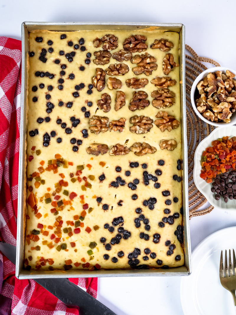 Finished baked sheet pan pancakes with nuts and dried fruit