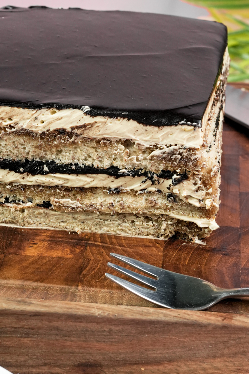 Finished opera cake cross-section showing all component layers