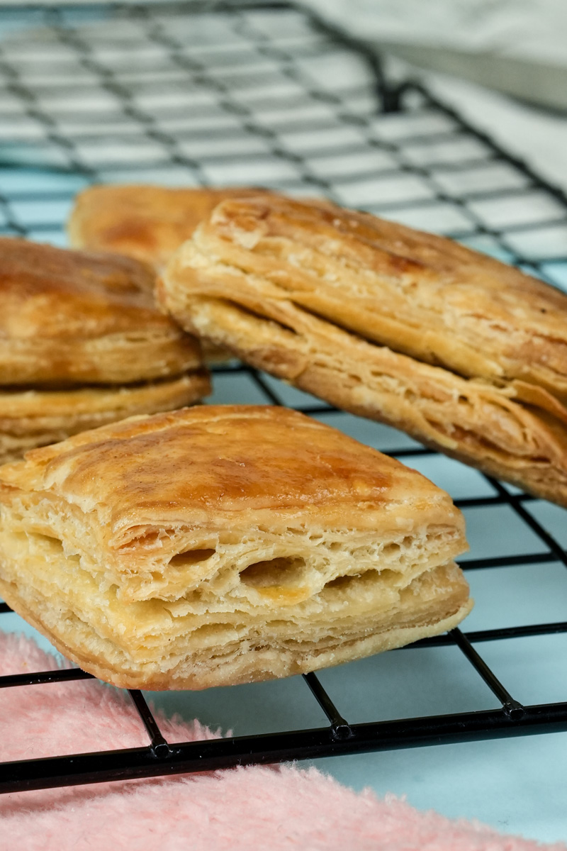 Flaky puff pastry showing layered texture after baking
