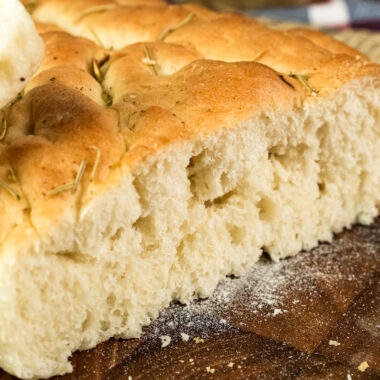 Focaccia bread showing perfect fluffy interior crumb