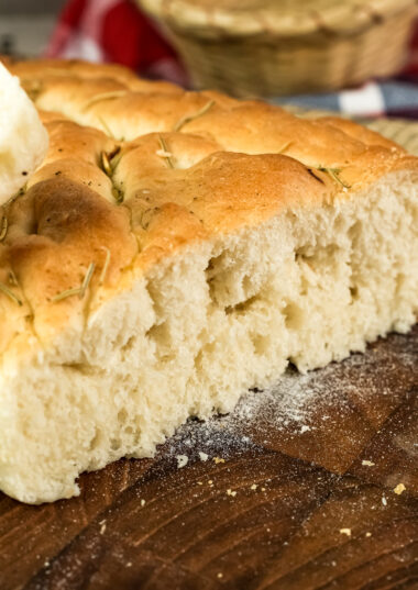 Focaccia bread showing perfect fluffy interior crumb