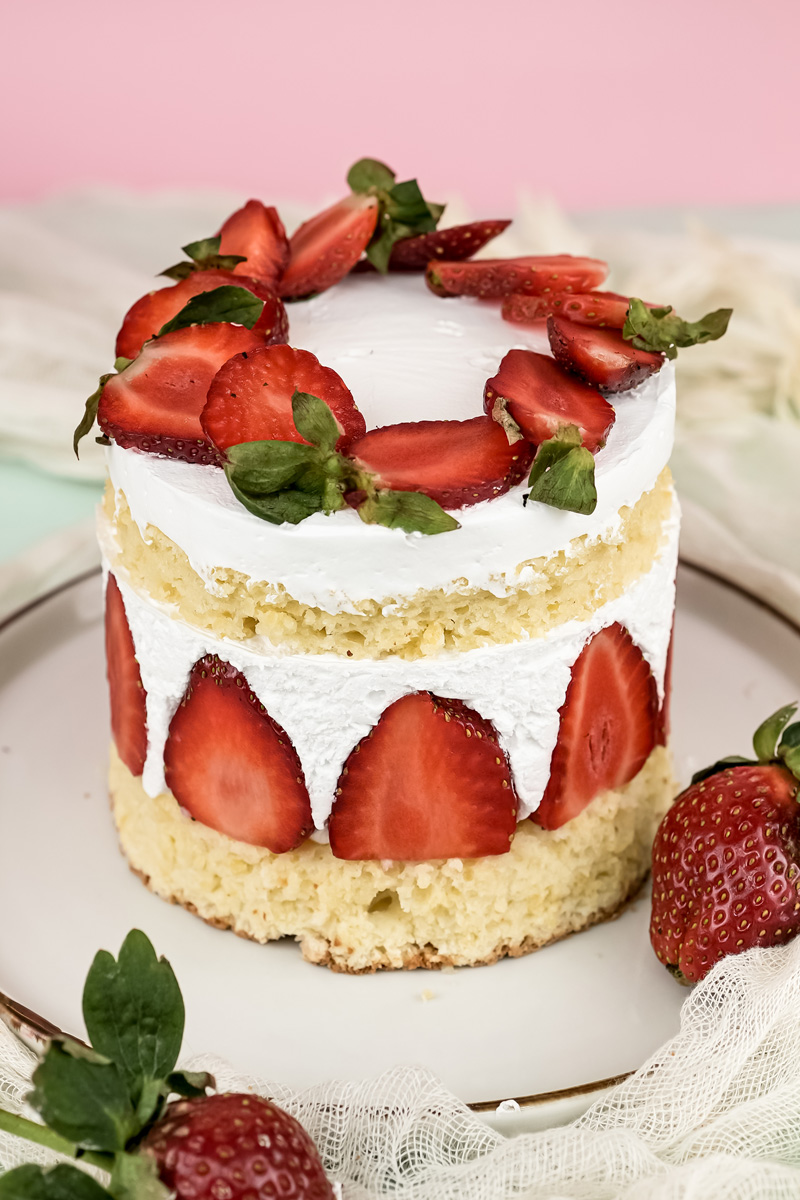 Individual Fraisier cake showing layered sponge and strawberry cream