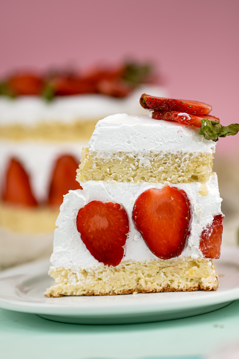 Perfect slice of Fraisier cake showing strawberries and cream layers