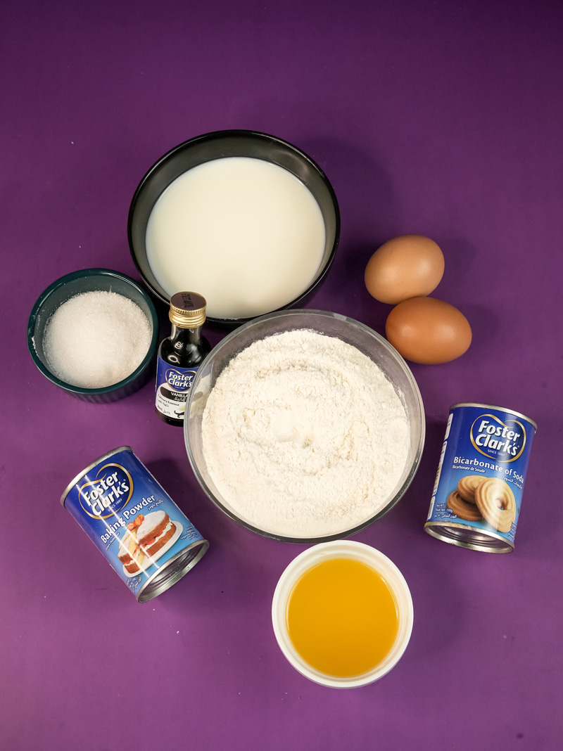 Gluten free pancake ingredients including flour, eggs, milk and baking powder