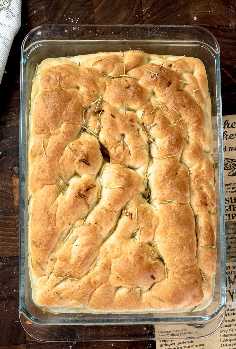 Golden baked focaccia bread with rosemary topping