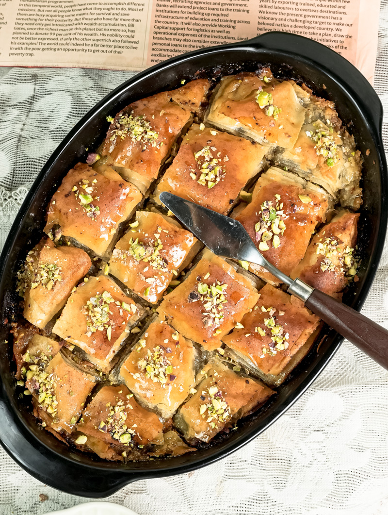 Homemade baklava recipe result in baking dish