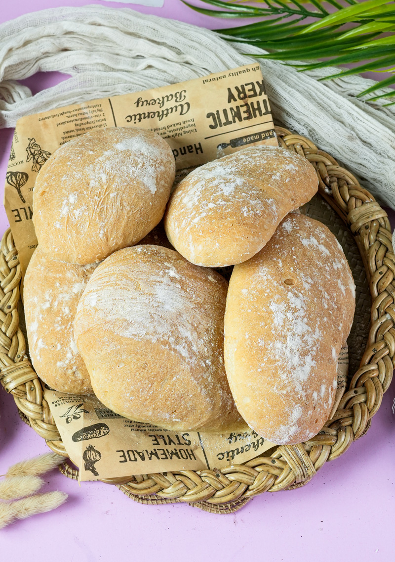 Homemade ciabatta bread loaves in basket