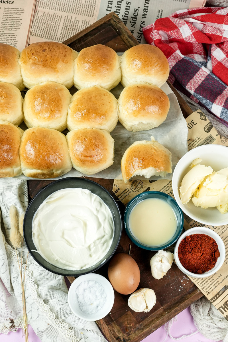 Korean bun recipe ingredients with golden baked buns and mixing bowls