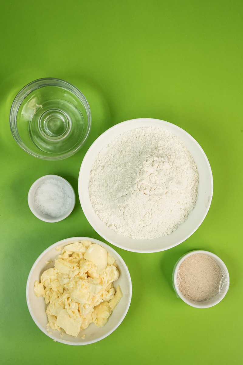 Kouign amann ingredients: flour, butter, salt, and yeast