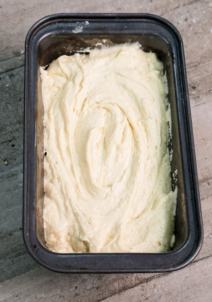 Madeira cake batter ready for baking in loaf tin