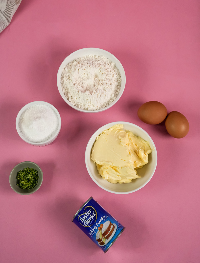 Madeira cake ingredients: flour, sugar, butter, eggs, baking powder