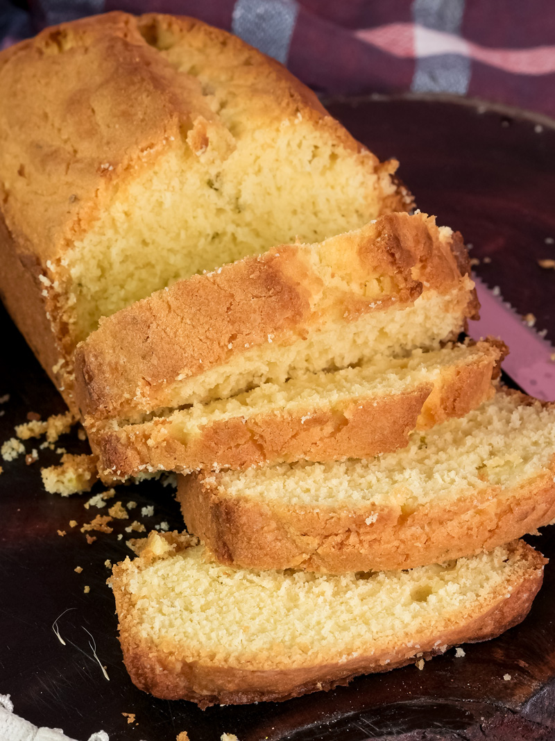 Close-up of Madeira cake slices showing golden crust