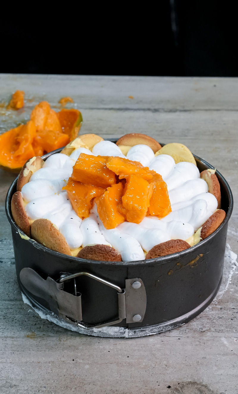 Mango charlotte cake in springform pan topped with fresh mango chunks