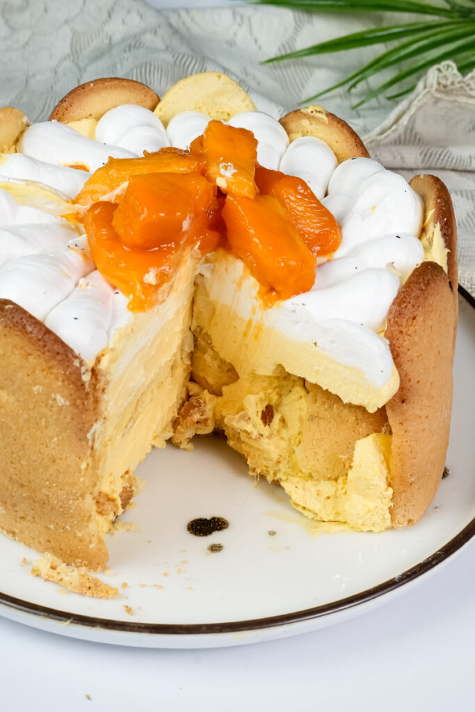 Mango charlotte cake sliced showing ladyfinger walls and custard cream filling
