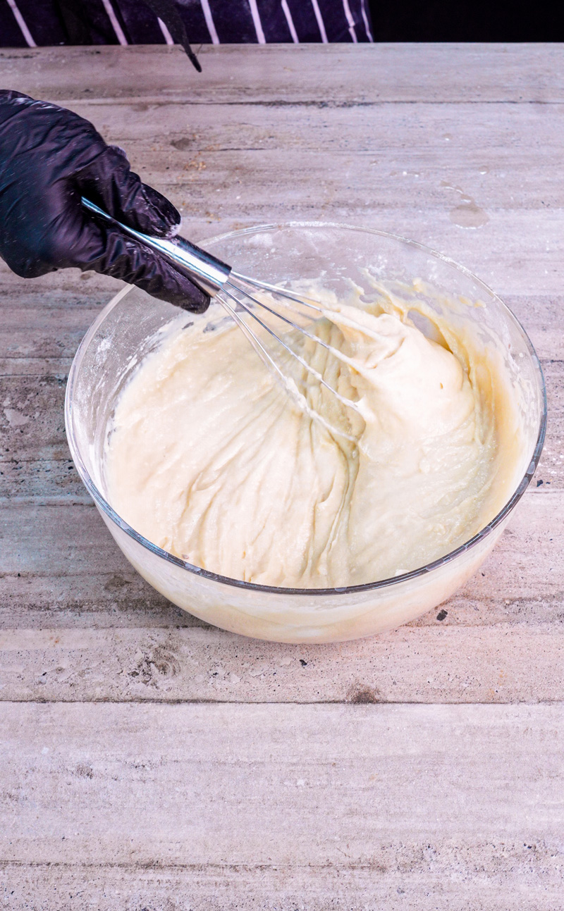 Mixing wet and dry ingredients for sheet pan pancakes