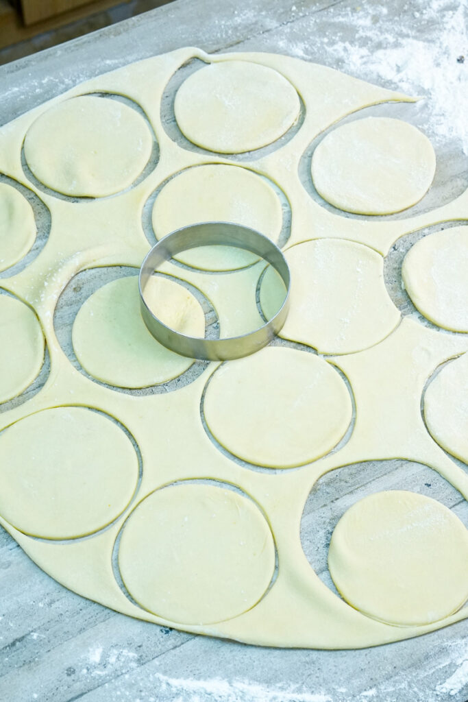 Multiple empanada dough circles cut and ready for filling