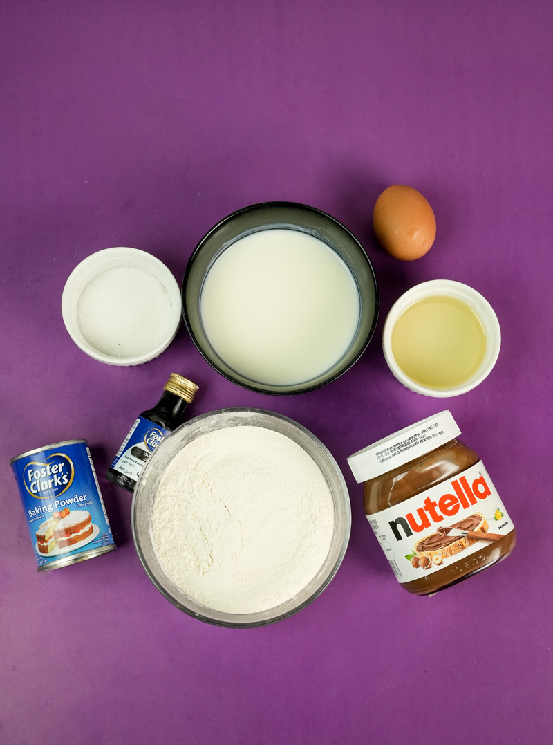 Nutella muffin ingredients: flour, milk, egg, Nutella, baking powder, vanilla