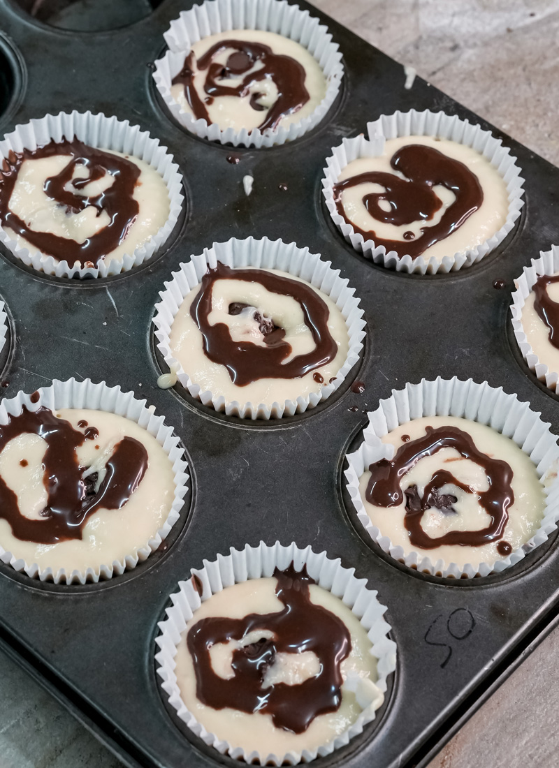 Nutella swirled muffin batter before baking