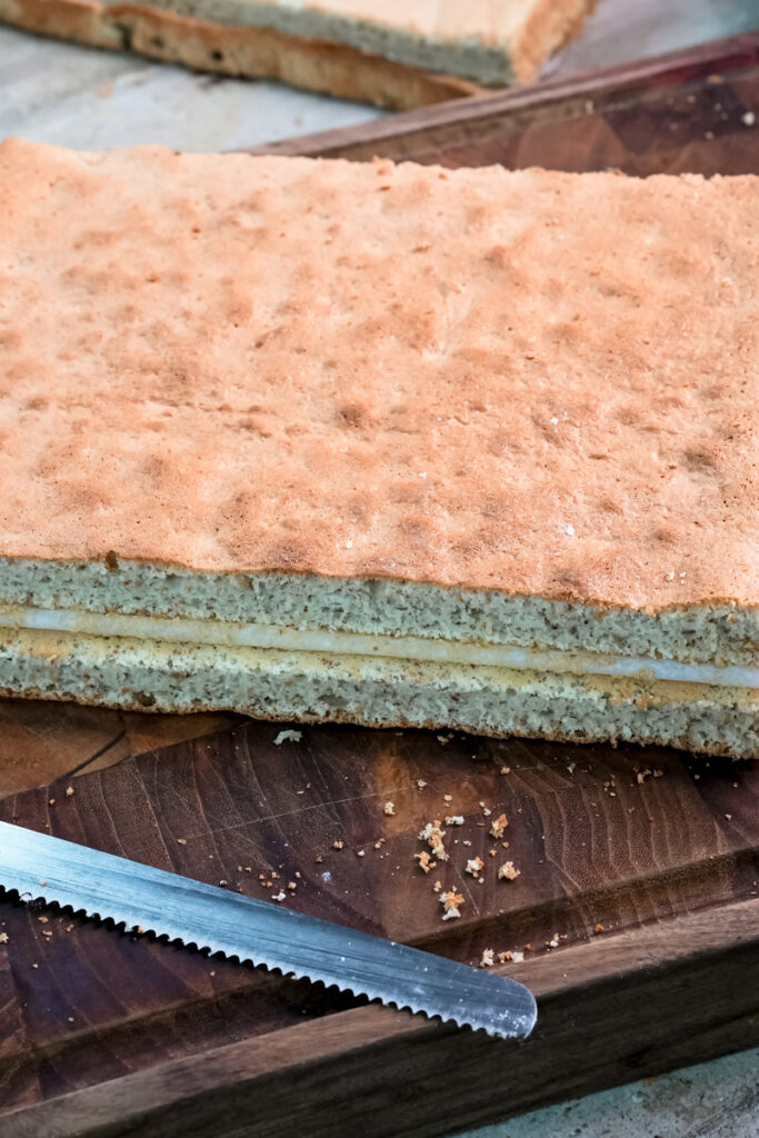 Opera cake layers being sliced with serrated knife showing colorful sponge layers