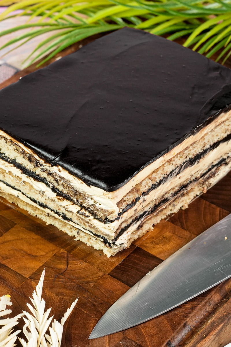 Opera cake ready to slice showing perfect rectangular shape