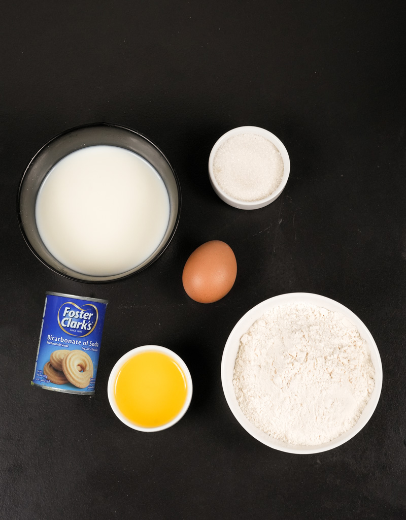 Pancake roll ingredients: flour, milk, egg, butter, baking soda and salt"