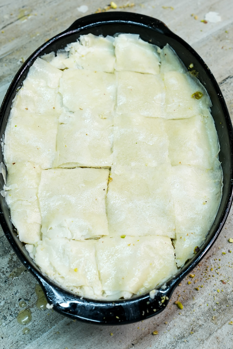 Phyllo dough cut into squares for baking baklava